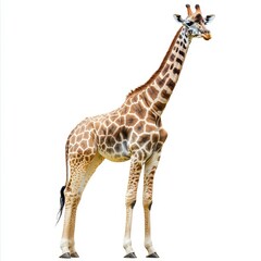 Fototapeta premium A tall giraffe standing gracefully, realistic patterns and texture, isolated on white background