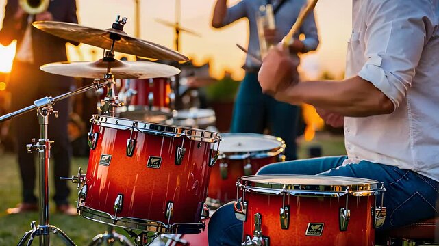 Drummer Playing Red Drum Set During Outdoor Live Music Performance

