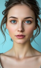 Obraz premium Portrait woman natural makeup contemplative expression pastel studio background