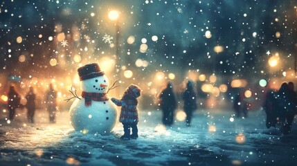 Obraz premium A young child stands in front of a snowman, lit by streetlights in a snowy city square.