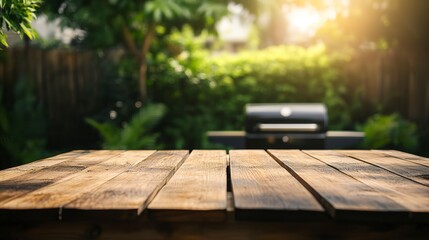 Fototapeta premium BBq grill in the back yard background with empty wooden table 