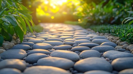 Obraz premium A panoramic view of a pebble stone path in a garden showcases smooth rounded stones under soft sunlight, creating a tranquil zen garden aesthetic with natural earthy tones.