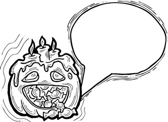 Happy Halloween pumpkin monster with speech bubble. Decorative template for night party invitation, poster print, quotes background. Hand drawn illustration, comic style, cartoon vector character.