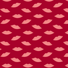 Seamless pattern for gift bag. Pink lips on red background. Kiss. ​​Print for packaging and wrapping paper. Vector illustration for Valentine's Day. Ornament for Valentine. Bright wallpaper.
