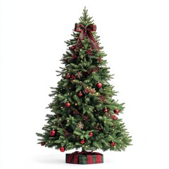 A Christmas tree with red and green plaid ribbon, traditional holiday style, isolated on white background