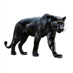 Fototapeta premium A sleek black panther walking stealthily, realistic muscle and fur texture, isolated on white background