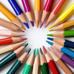 Fototapeta premium A collection of colored pencils arranged in a circle, vibrant tones, isolated on white background