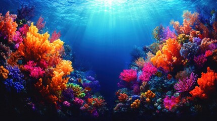 Naklejka premium Vibrant coral reef underwater scene, viewed from a close-up perspective, highlighting the intricate details of the marine life and colorful corals against a bright blue backdrop 