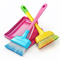 A dustpan and brush set, bright colors and realistic texture, isolated on white background