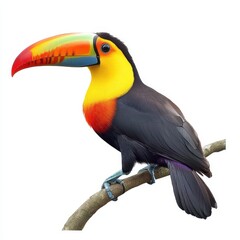 Fototapeta premium A colorful toucan perched, with vibrant beak and feathers, isolated on white background