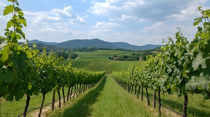 Naklejka premium Lush Vineyard Landscape with Rows of Grapes