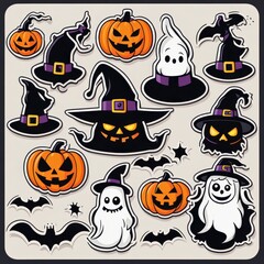 A collection of Halloween-themed stickers featuring pumpkins, ghosts, bats, and witches.