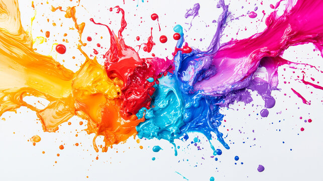 Splashes waves oil paints of vivid colors on a solid white background.