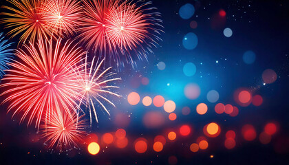 Fototapeta premium Fireworks with golden bokeh lights for new year's eve celebration