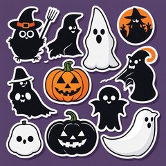 A collection of Halloween-themed stickers featuring ghosts, pumpkins, and witches.