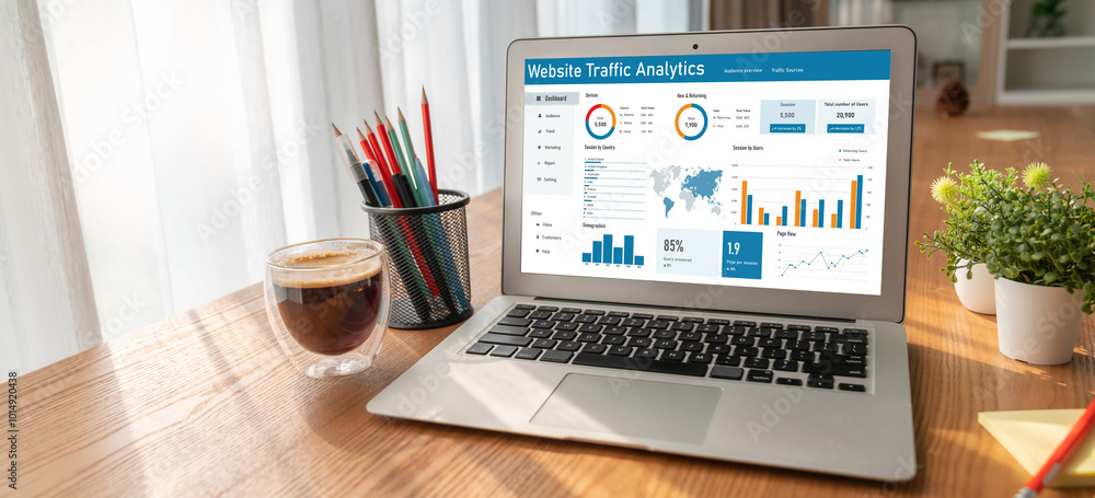 Poster computer software for website traffic analytics data on computer screen. concept of seo search engin