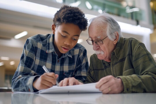 African american boy helping elderly man with paperwork, concept of mentoring, elderly support, and intergenerational connection