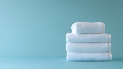 White towels against a light blue background create a minimalist spa concept, showcasing soft textures and clean cotton fabric in an inviting composition.