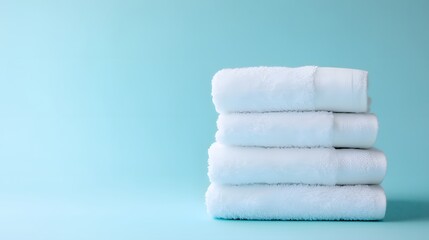 White towels against a light blue background create a minimalist spa concept, showcasing soft textures and clean cotton fabric in an inviting composition.