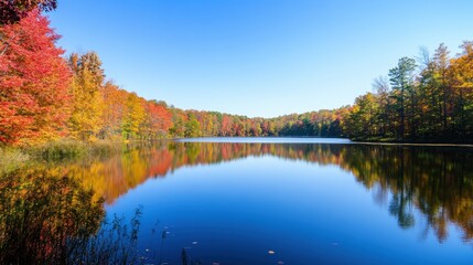 Fototapeta premium Tranquil lake surrounded by autumn foliage, with vibrant reds, oranges, and yellows reflected in the still water, clear blue sky
