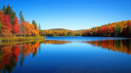 Obraz premium Tranquil lake surrounded by autumn foliage, with vibrant reds, oranges, and yellows reflected in the still water, clear blue sky