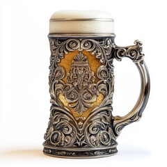 A detailed beer stein with intricate carvings, filled with light beer, isolated on white background