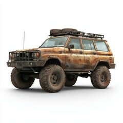 A rugged off-road SUV with large tires and roof rack, realistic dirt details, isolated on white background