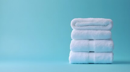 White towels against a light blue background create a minimalist spa concept, showcasing soft textures and clean cotton fabric in an inviting composition.