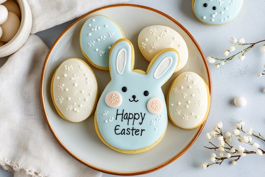 A plate of Easter cookies with a rabbit on it