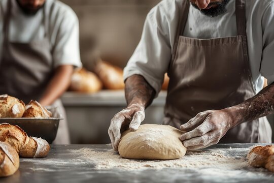 Inmates baking bread in a prison kitchen, warm lighting, closeup of dough and hands, detailed textures of flour and ingredients, photorealistic vocational training scene