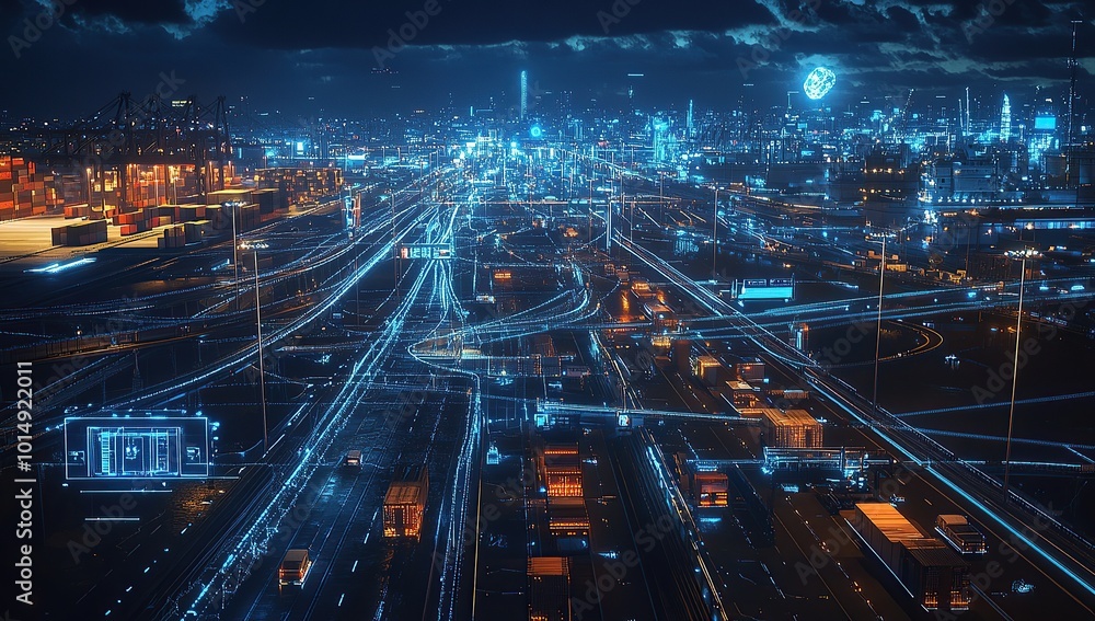 Poster a wide shot of an advanced highway system with smart traffic control