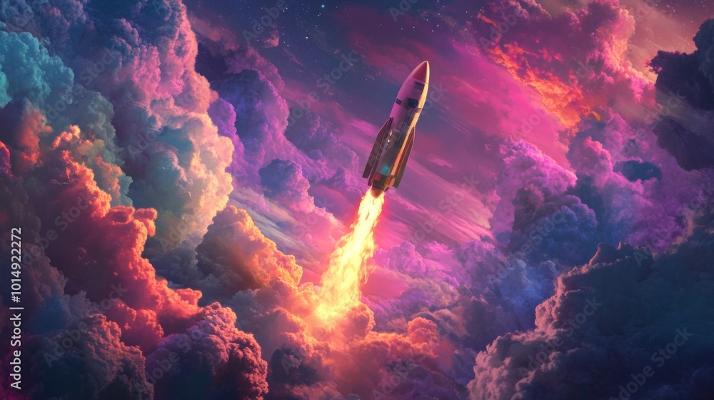 Aufkleber a rocket ascends rapidly into the sky, trailing brilliant flames as it pierces colorful clouds illum
