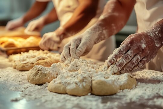 Inmates baking bread in a prison kitchen, warm lighting, closeup of dough and hands, detailed textures of flour and ingredients, photorealistic vocational training scene