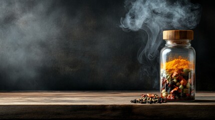 Aromatic Spices in Glass Jar with Smoke