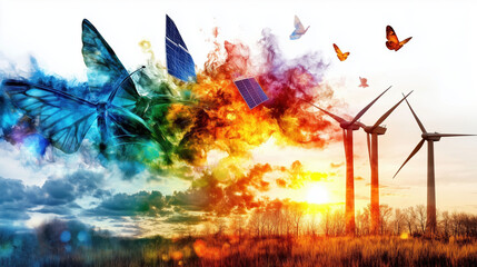 illustration of Business Solutions in Green Technology Depicted with Artistic Doodles of Solar Energy and Wind Turbines