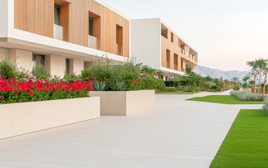 Modern architecture of a resort with landscaped gardens during sunset in a serene location