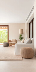 Modern minimalist living room with natural light and cozy furnishings in a serene setting