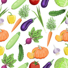 Seamless vegetable pattern .Cabbage,beetroot,cucumber,tomato,pepper,pumpkin,squash,carrot,garlic,onion,eggplant on a white background.