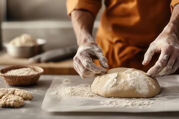 Inmates baking bread in a prison kitchen, warm lighting, closeup of dough and hands, detailed textures of flour and ingredients, photorealistic vocational training scene
