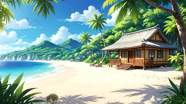 The beach scenery is stunning with soft golden sand meeting turquoise water. Tall, swaying palm trees along the shore,  ,Seamless looping 4k time-lapse animation video background
