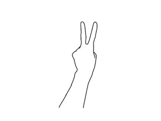 Number two, hand gesture in various sides view. Concept of finger counting on sign language. Vector illustration in outline style isolated on white background.