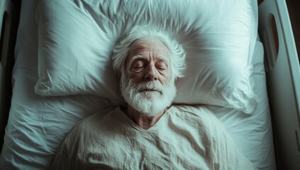 An elderly man with a white beard sleeps in a hospital bed.