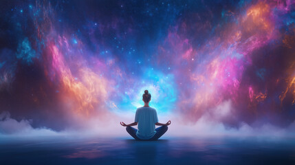 Ethereal Space Yoga Practice with a Woman and Holographic Guidance for Mindfulness and Relaxation