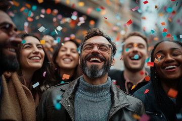 A group of young people are celebrating in an urban setting, laughing and enjoying each other's company while confetti fills the air around them.