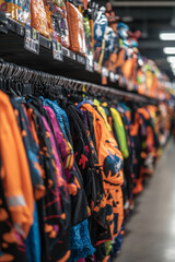 Obraz premium A shopper examines Halloween costumes hanging on racks, displaying colorful outfits with playful pumpkin tags. The aisle is lively and festive, perfect for seasonal shopping.