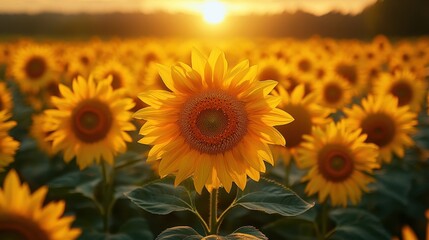 Obraz premium Vibrant sunflower field at sunrise, viewed from above, showcasing the golden hues and beauty of nature 