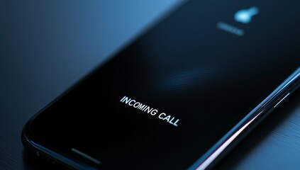 Close-up shot of a smartphone screen with the words "Incoming Call" displayed in white text on a black background.