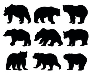 Bear Vector Silhouette Set Isolated on White Background. Brown Grizzly Bears and Polar Bears