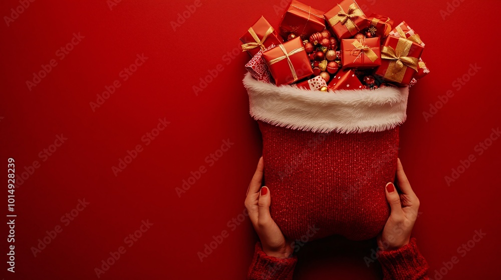Poster isolated on red color background with side space for letters person holding a large red and white ch