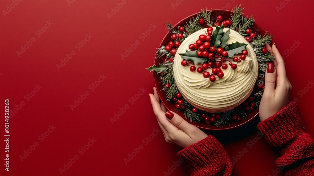 Poster isolated on red color background with side space for letters person holding a beautifully decorated 
